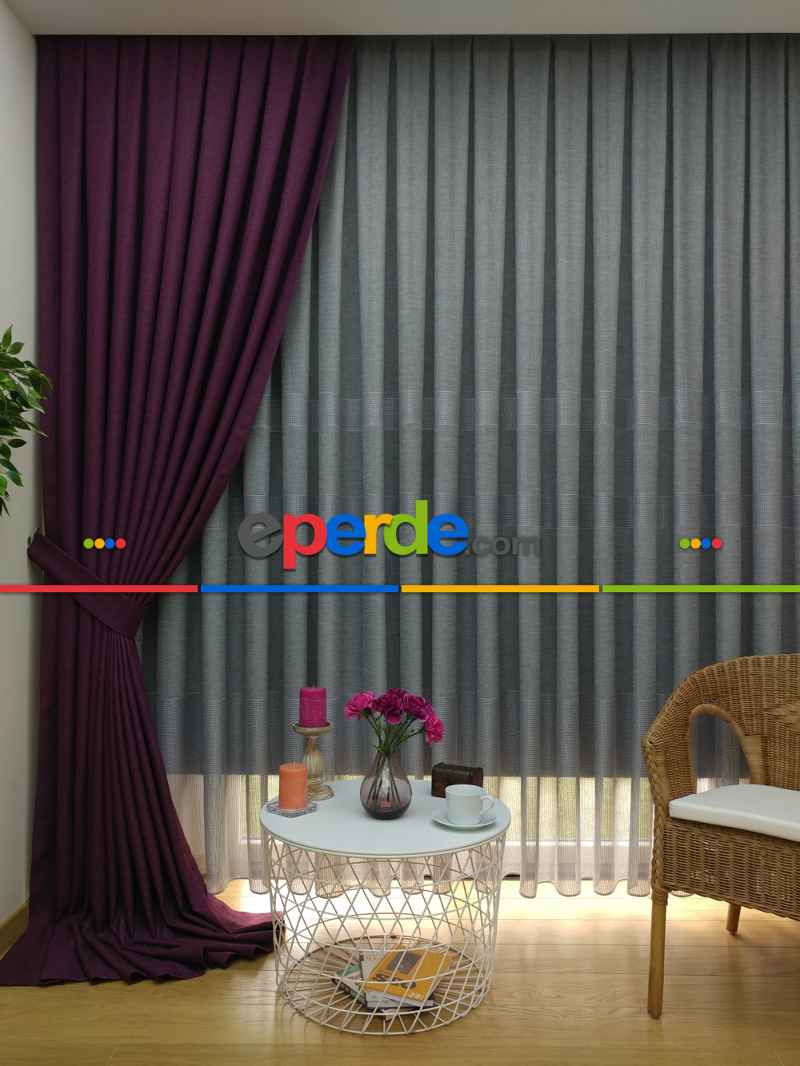 Keten Mor Düz Fon Perde- Mor