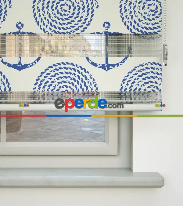 Bebek Odası Zebra Perde - Çapa Baskılı Zebra Perde- Mavi-Beyaz