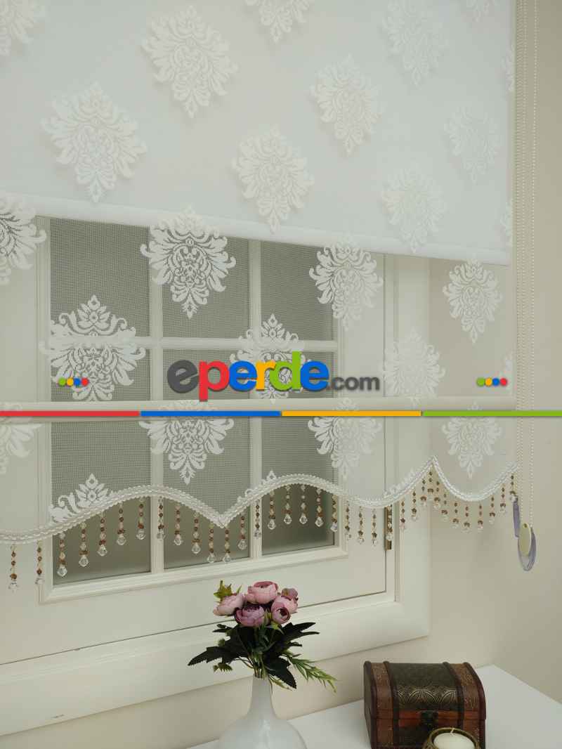 Brillant - Stor Perde - Çiftli Sistem Tül Ve Stor Perde- Büyük Damask Modeli- Krem Açık-ekru