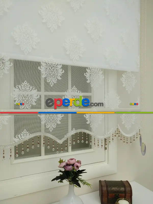 Brillant - Stor Perde - Çiftli Sistem Tül Ve Stor Perde- Büyük Damask Modeli- Krem Açık-ekru