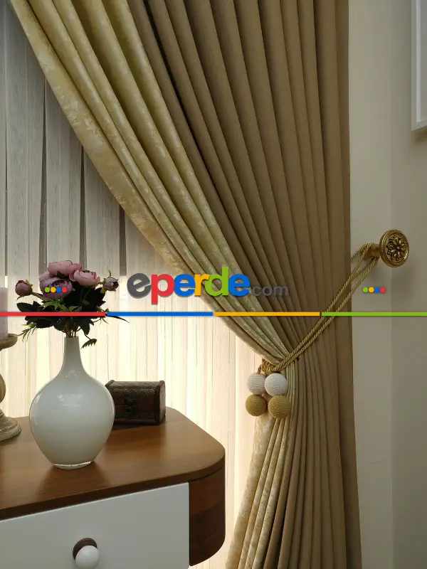 Sarı Kahve Renk Kombinli Desenli Fon Perde- Sarı-kahve