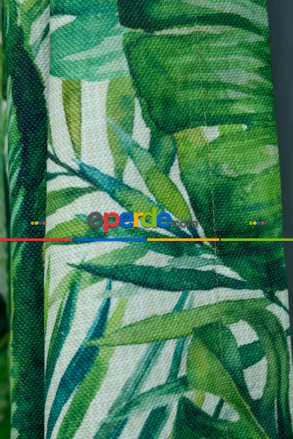 Salon Fon - Tropikal Yaprak Desenli Fon Perde Evm1122 Kumaşı Kalındır Duck Bezi Değildir- Yeşil-Beyaz