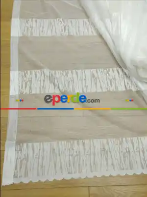 Enine Çizgili Bantlı Tül Perde ( Hazır Ölçü 1/2.5 Normal Pile )- Ekru 200cm X 195cm 
