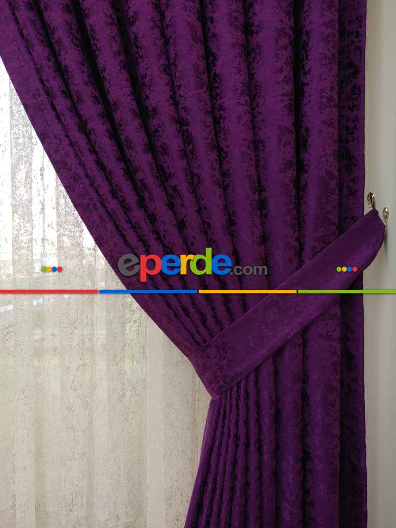 Eflatun Rengi Kendinden Desenli Jakar Fon Perde (285 En)- Eflatun