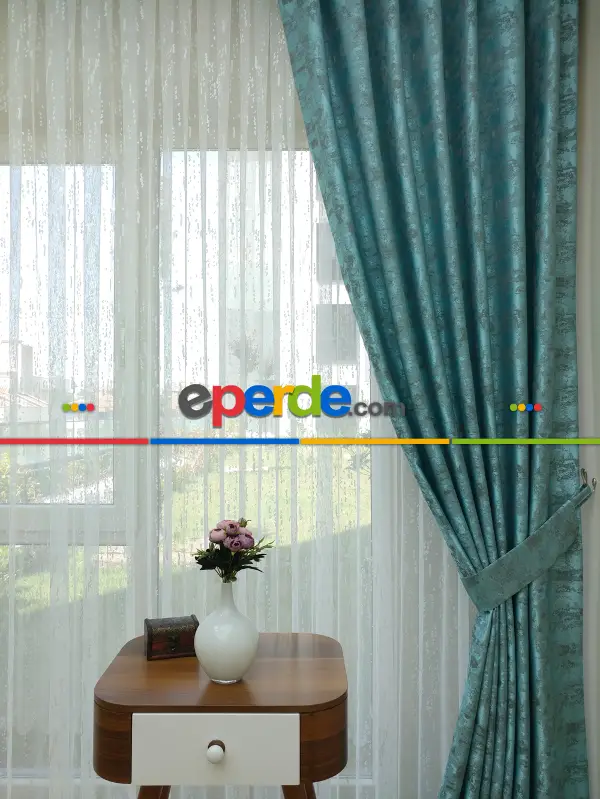 Patine Desenli Turkuaz - Katyonik Jakar Fon Perde- Turkuaz