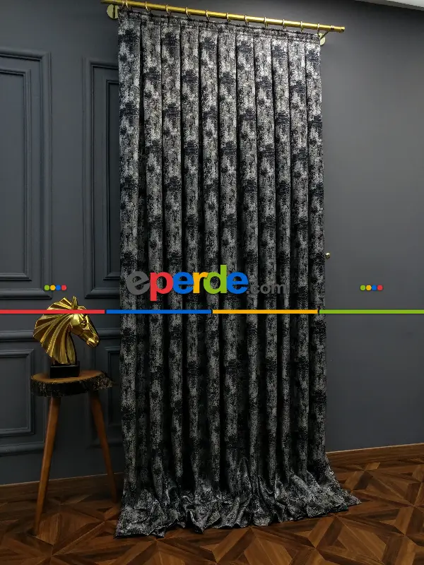 Yatak Odası Fon Patinedesenli Modern Desenli Jakarlı Fon Perde Yeni Seri 401- Lacivert-gri-füme-antrasit-füme