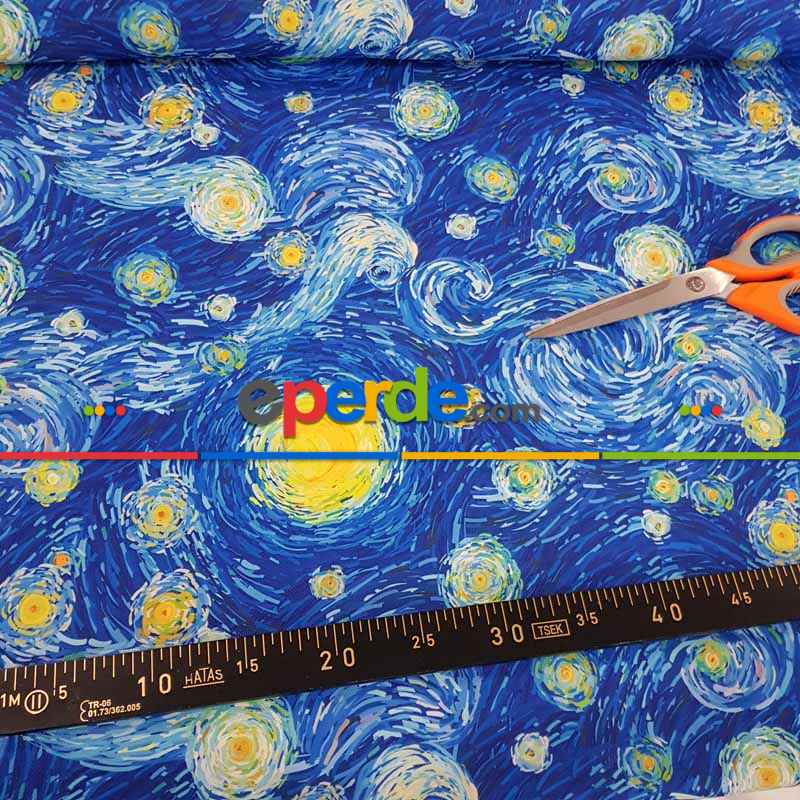 Van Gogh Yıldızlı Gece Desenli Fon Perde Evm679 Kumaşı Kalındır Duck Bezi Değildir- Mavi-Sarı-Beyaz-Mavi Açık-Mavi Koyu