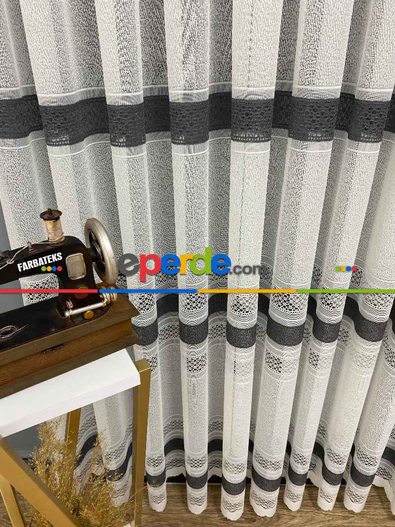 Siyah Gri Çizgili Tül Perde - Spor Desenli - Tül Perde - Örme Tül Perde - Ütü İstemeyen