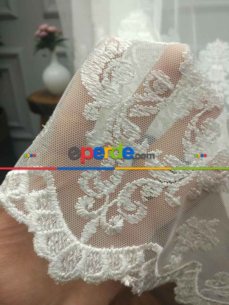 Salon Tül Perde - Eteği Duble Nakış İşlemeli Tül Perde Ikon 2021- Krem