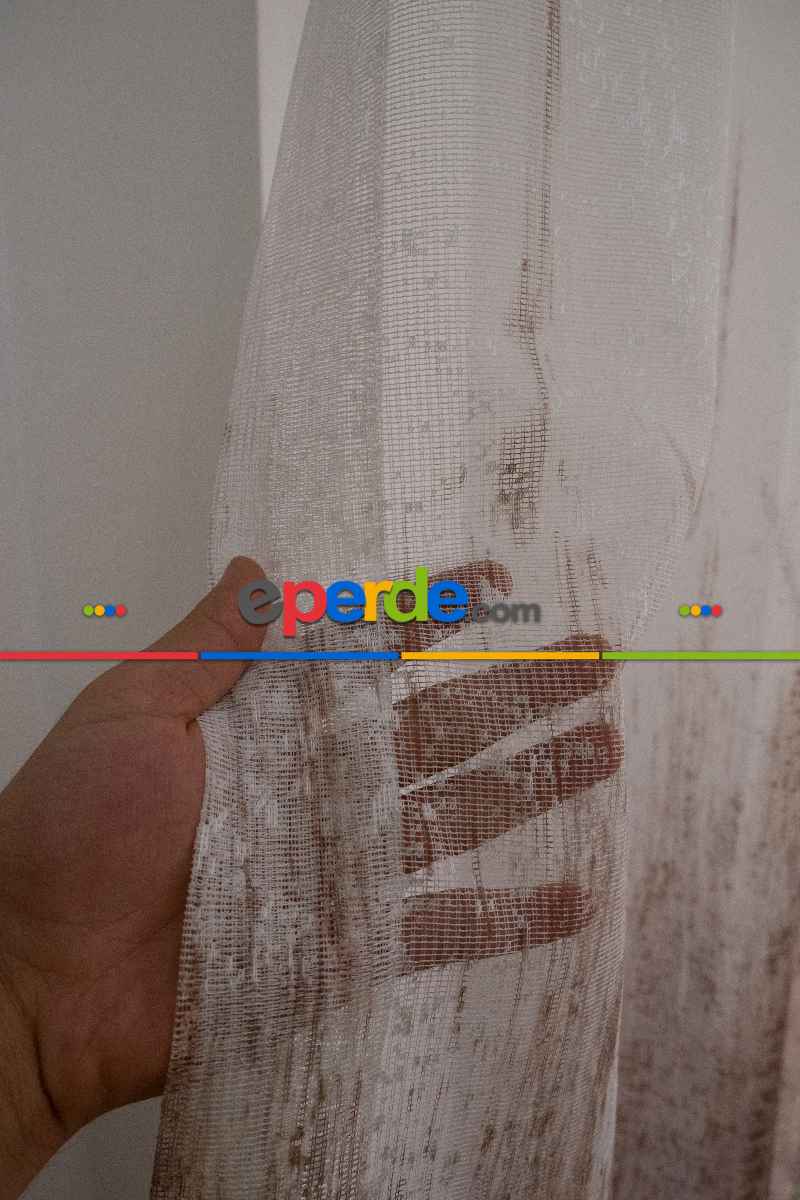 Yatak Odası - Modern Pembe Ve Kahverengi Desenli Degrade Geçişli Örme Tül Perde Yüksek Kalite