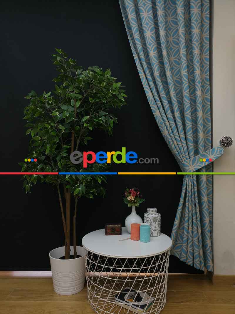 Dairesel Desenli Yatak Odası Fon Perde- Turkuaz