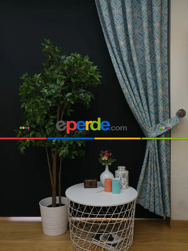 Salon Fon Perde - Dairesel Desenli Yatak Odası Fon Perde- Turkuaz