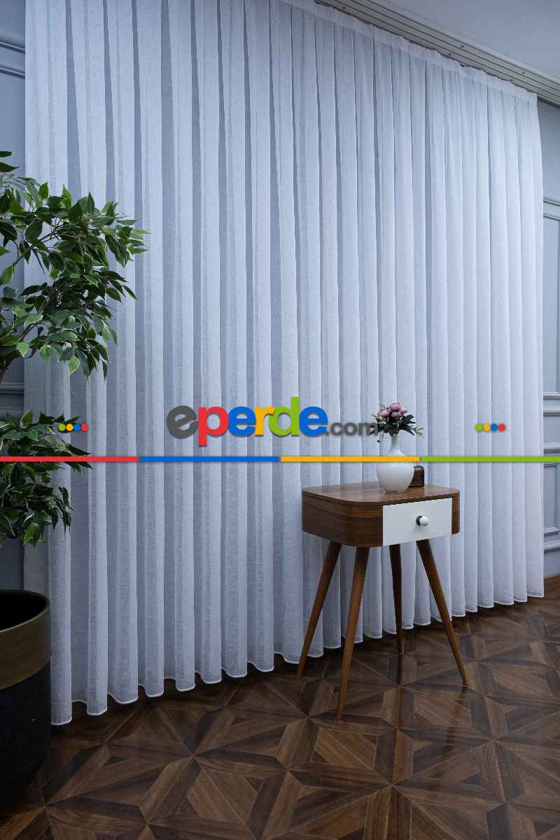 Yatak Odası - Beyaz Keten Tül Perde - 1710-v01- Beyaz