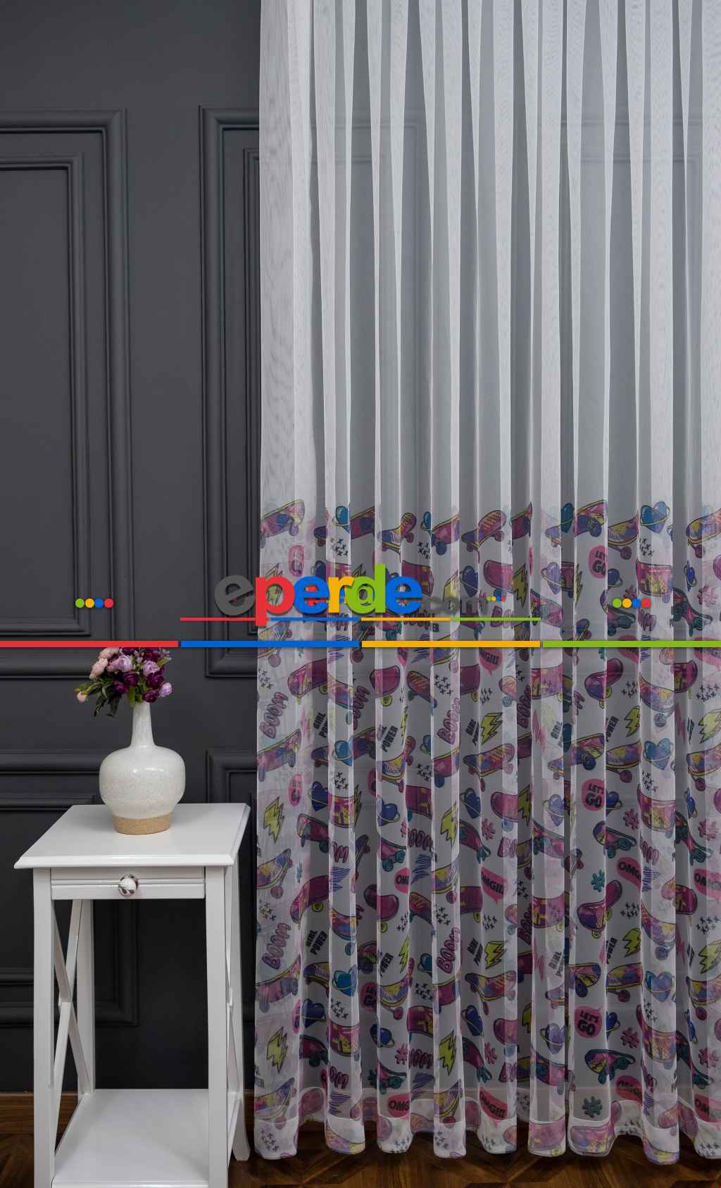 Petek Zemin Pembe Ve Sarı Renkli Kaykay Desenli Grek Baskılı Tül Perde Girl Power