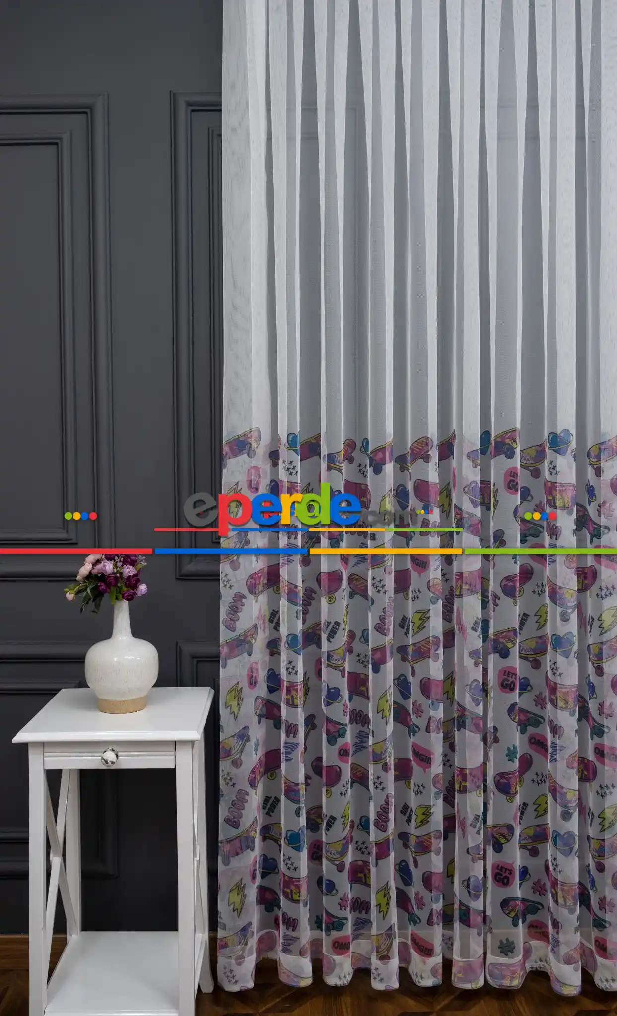 Petek Zemin Pembe Ve Sarı Renkli Kaykay Desenli Grek Baskılı Tül Perde Girl Power 190cm X 255cm 