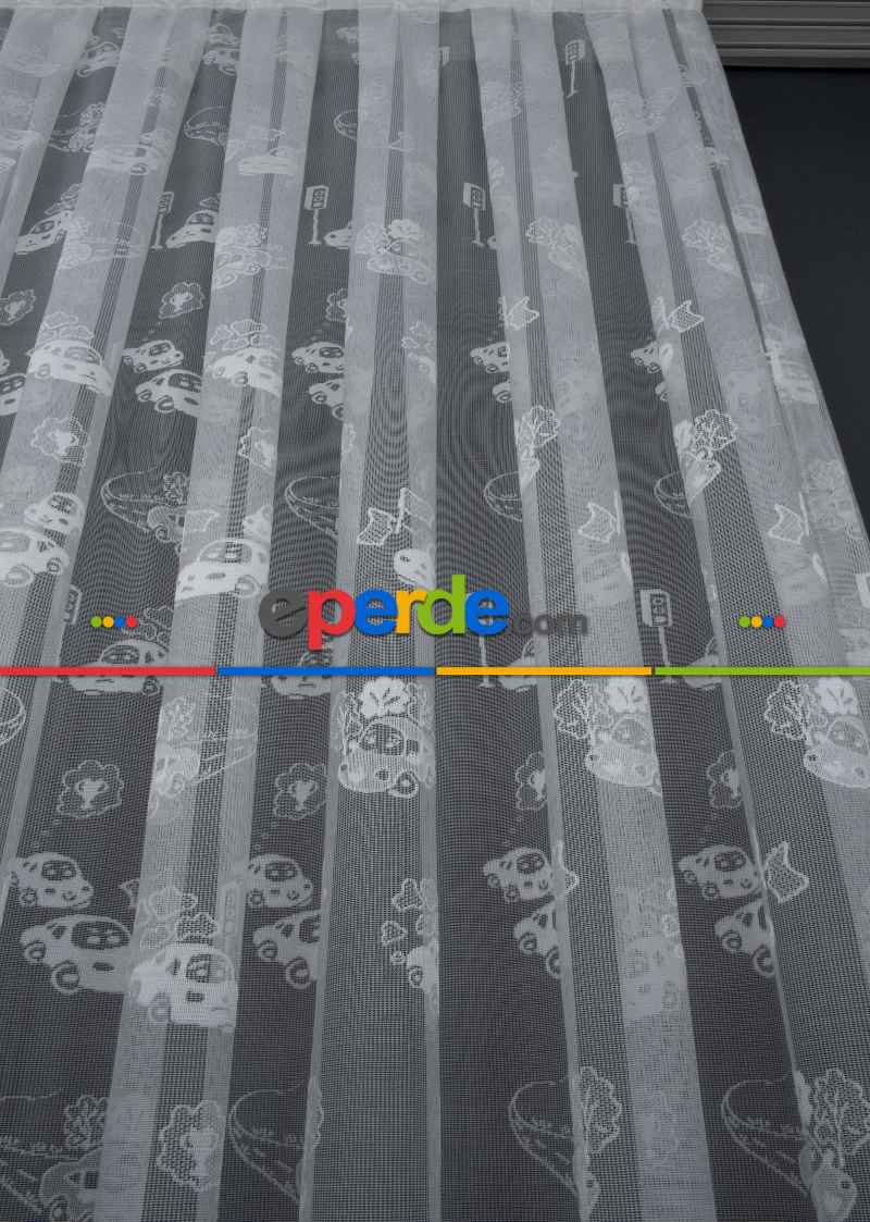 Araba Desenli Ekru Renkli Erkek Çocuk Odası İçin Tül Perde