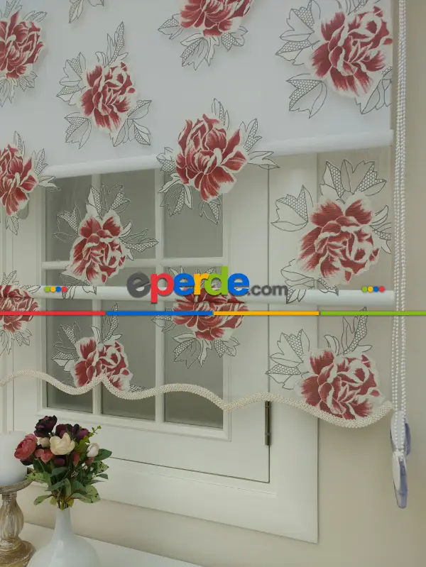 Tül Stor Çiftli Sistem Yakma Zemin Kırmızı Gül- Kırmızı-gri Açık- Çok Renkli 2