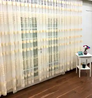 Mutfak - Enine Çizgili Bantlı Spor Tül Perde- Krem Koyu-Ekru
