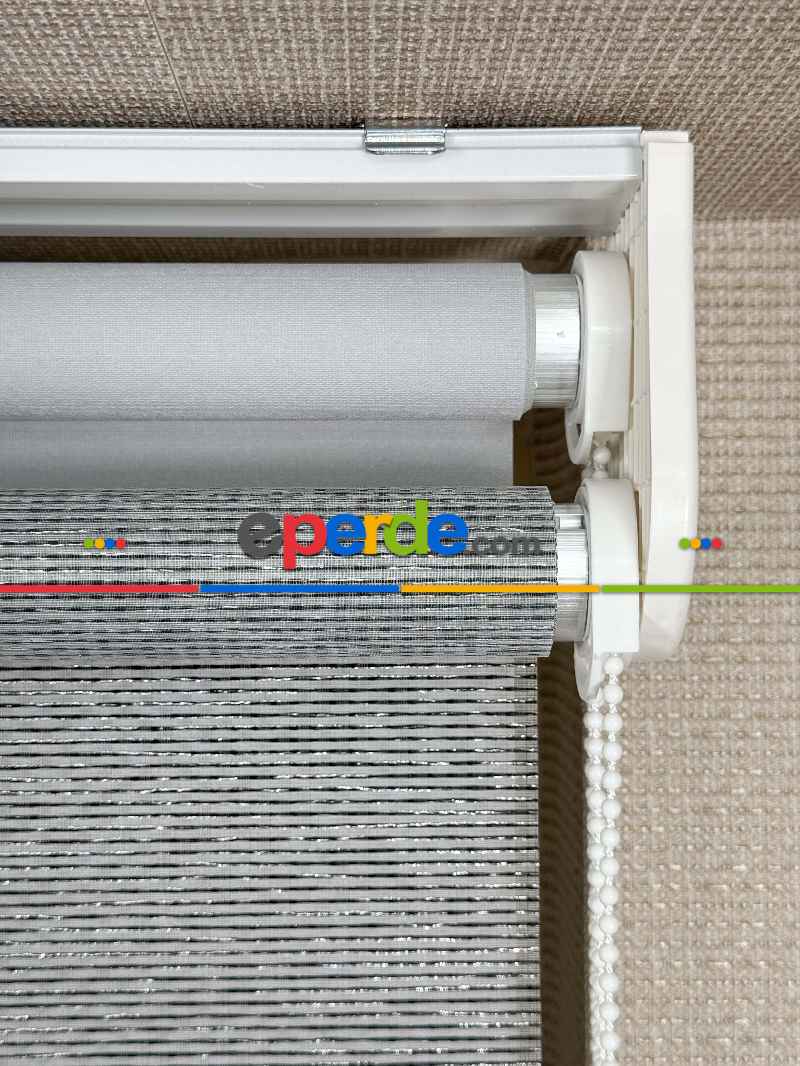 Gri Çiftli Sistem Tül Stor Perde, Standart Metal Kasalı Yüksek Kalite Kornişe Kolay Montaj Seçenekli