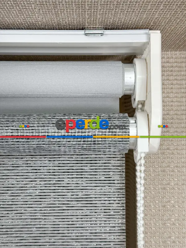 Gri Çiftli Sistem Tül Stor Perde, Standart Metal Kasalı Yüksek Kalite Kornişe Kolay Montaj Seçenekli