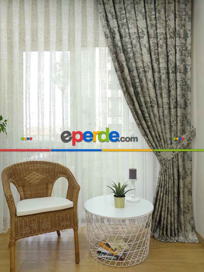 Salon Fon Perde - Siyah Gri Desenli Jakar Fon Perde (180)- Kahve Venge