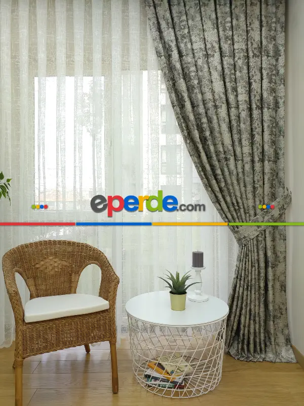 Patine Desenli Gri Desenli Jakar Fon Perde (180)- Gri