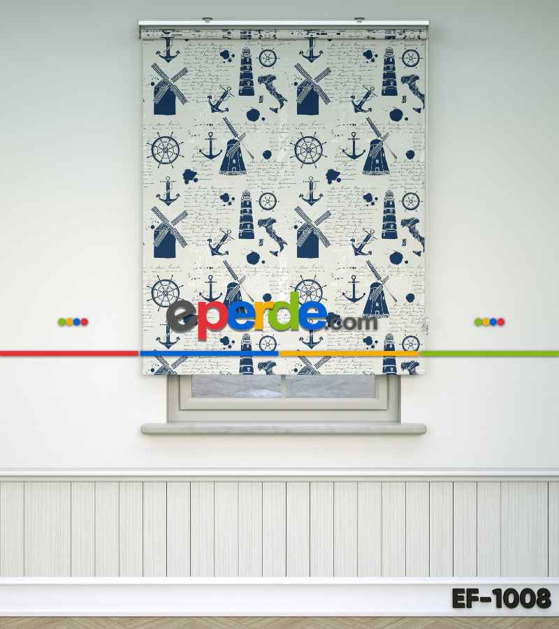 Deniz Feneri Baskılı Stor Perde- Mavi-beyaz