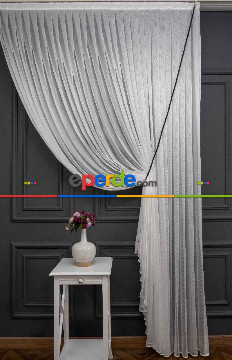 Salon Tül - Ekru Monaliza Dökümlü Tülden Yalancı Kruvaze - Tülden Fon - Yana Toplamalı Tül - Kordon Toplama Tül - Çift Veya Tek Kanat - Kurşunlu Tül - Kordon Renkleri Mevcut