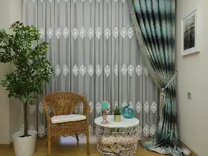 Renk Geçişli Jakar Damask Desenli Salon Fon Perdesi - Lacivert - Mavi - Bej ( Kendinden Saçaklı)- Bej-füme-turkuaz