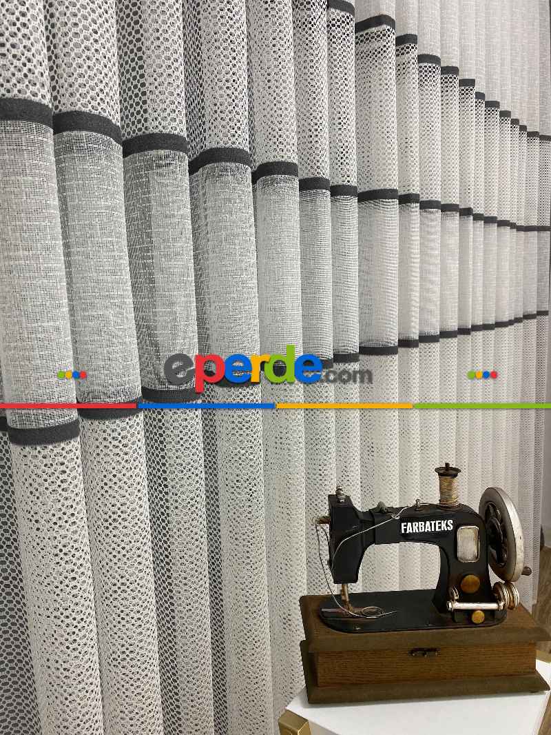 Siyah Beyaz Çizgili Tül Perde - Spor Desenli - Tül Perde - Örme Tül Perde - Ütü İstemeyen