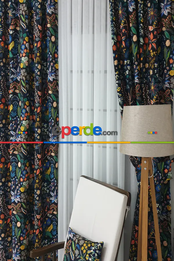 Mavi Çiçek Desenli Fon Perde Evm624 Kumaşı Kalındır Duck Bezi Değildir- Siyah-Mavi-Beyaz-Çok Renkli