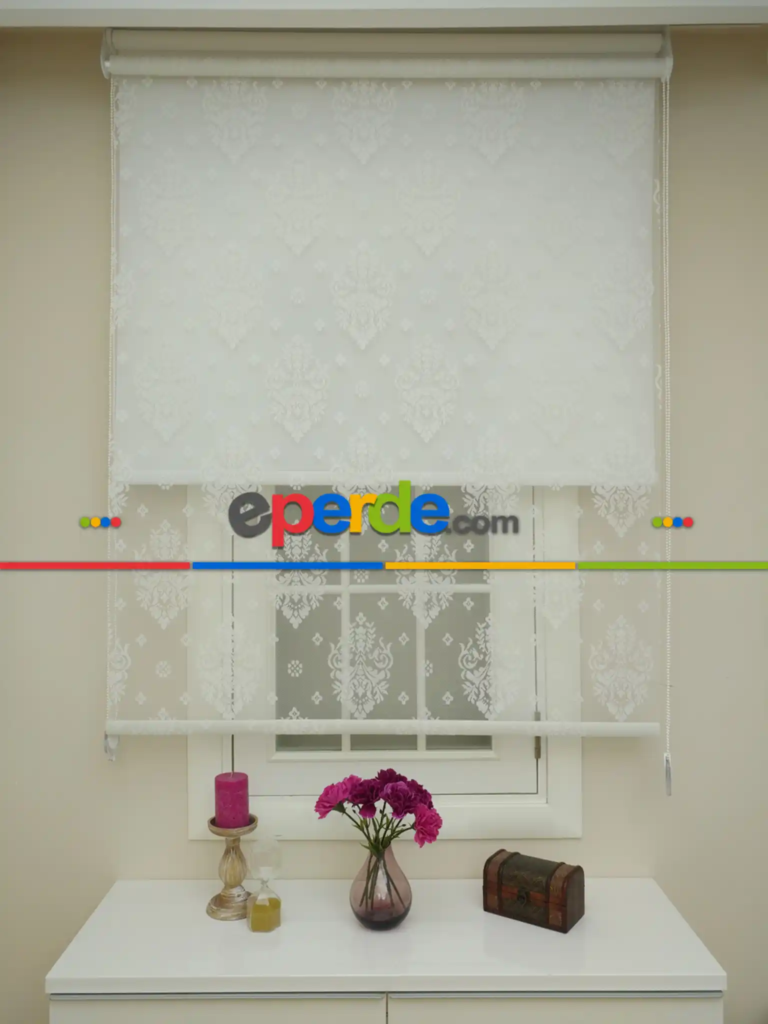 Yatak Odası - Jakar Örme Tül- Ekru Çiftli Sistem Dantel Desenli Perde- Ekru