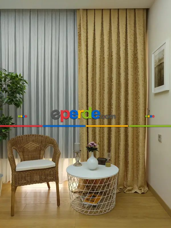 Yatak Odası - Gold Rengi Duz Jakar Fon Perde (180)- Altın Mat