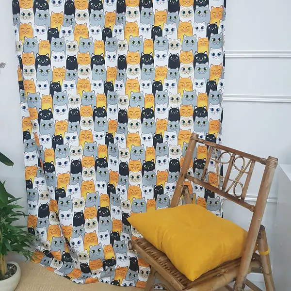 Bebek Odası Fon Perde - Kedi Baskılı Fon Perde- Siyah