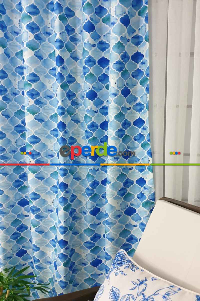 Yatak Odası - Mavi Geometrik Desenli Fon Perde Evm644 Kumaşı Kalındır Duck Bezi Değildir- Mavi-Beyaz