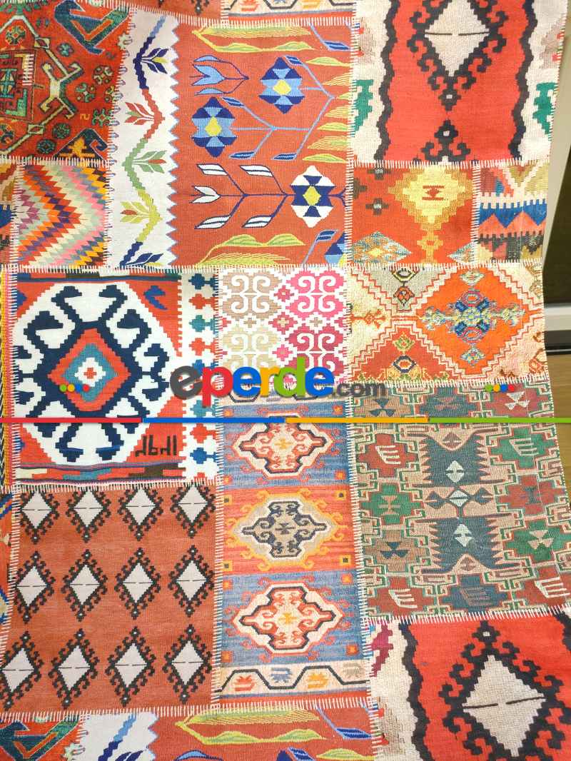 Mutfak Perdesi Kanat Fon Perde Kilim Desenli- Lacivert