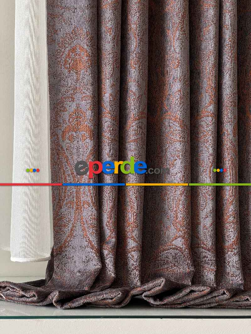 Yatak Odası - Mürdüm Kiremit Jakar Dokuma Fon Perde, Premium Seri Ağır Gramajlı