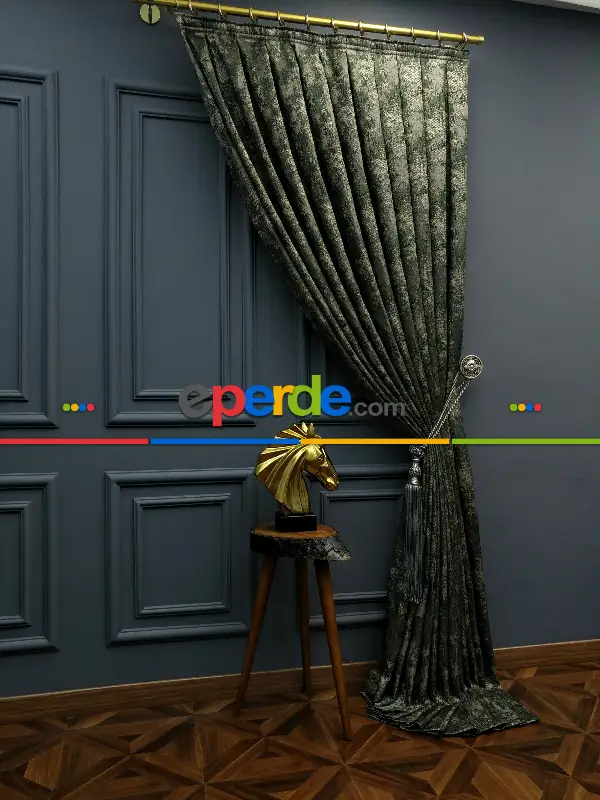 Yatak Odası Fon Patine Desenli Modern Desenli Jakarlı Fon Perde Yeni Seri 401- Haki Yeşil