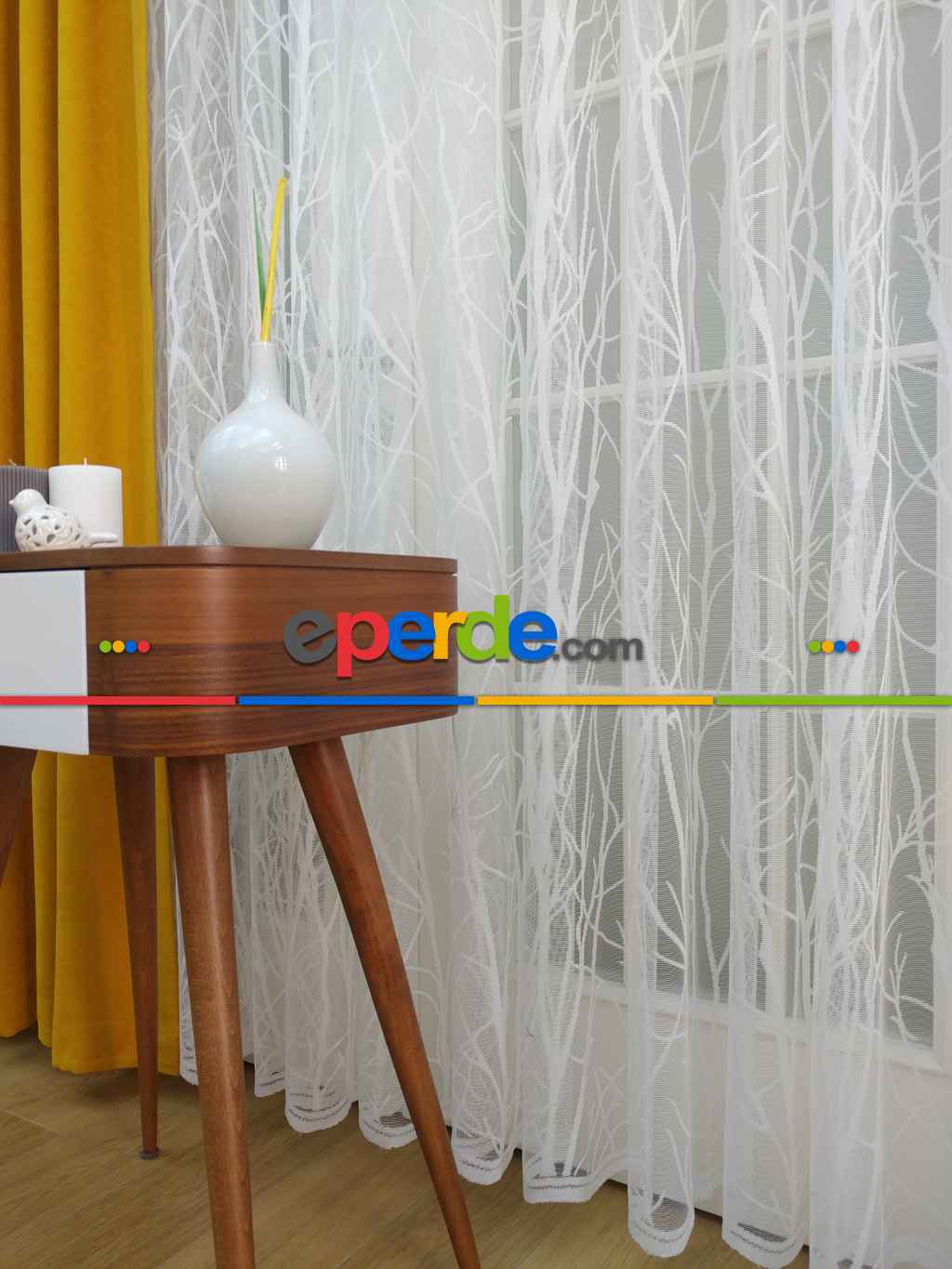 Ağaç Dalları Desenli Tül Perde- Ekru