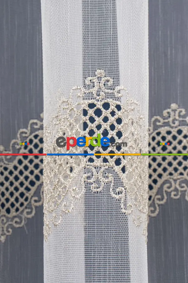 Ekru-altın Nakış İşlemeli Tül Perde