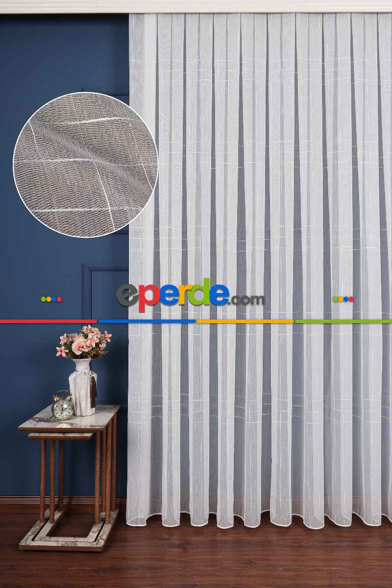 Salon Tül Modelleri - Bambu Zemin Geometri Nakış İşlemeli Tül Perde