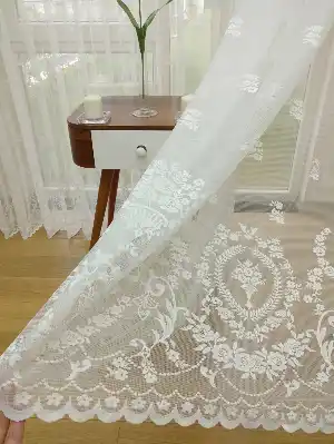 Etek Ucu Yoğun Desenli Çiçek Dantel Tül Perde - Ekru