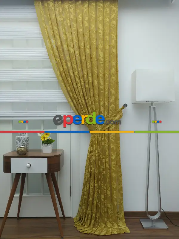 Sarı - Desenli Dantel Tül Fon Perde- Sarı