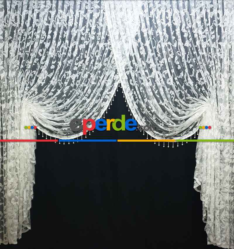 Kuvaze Model Tasarım Klasik Şal Desen Yanki Tiyatro Perde- Beyaz-ekru