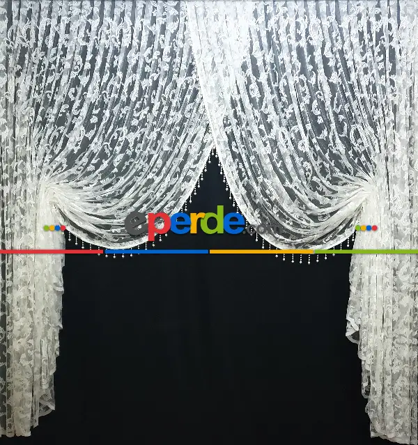 Kuvaze Model Tasarım Klasik Şal Desen Yanki Tiyatro Perde- Beyaz-ekru