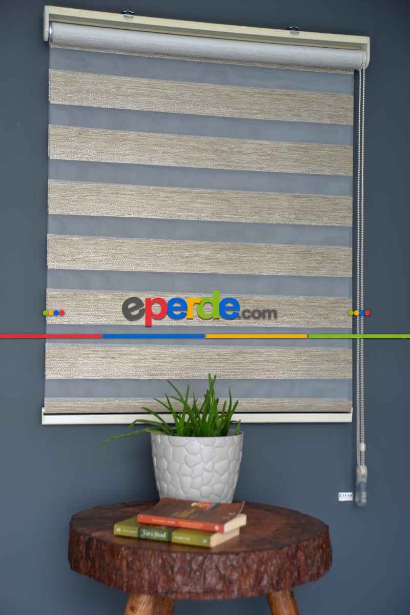 Halim Perdesan Sm-402 Haki & Gümüş Yaldız Renk Etekli Veya Eteksiz Zebra Stor Perde