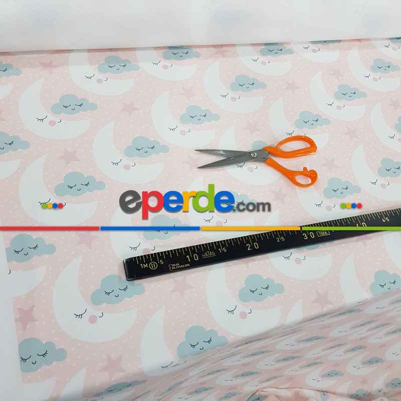 Bulut Ve Çocuk Odası Desenli Fon Perde K514 Kumaşı Kalındır Duck Bezi Değildir- Beyaz