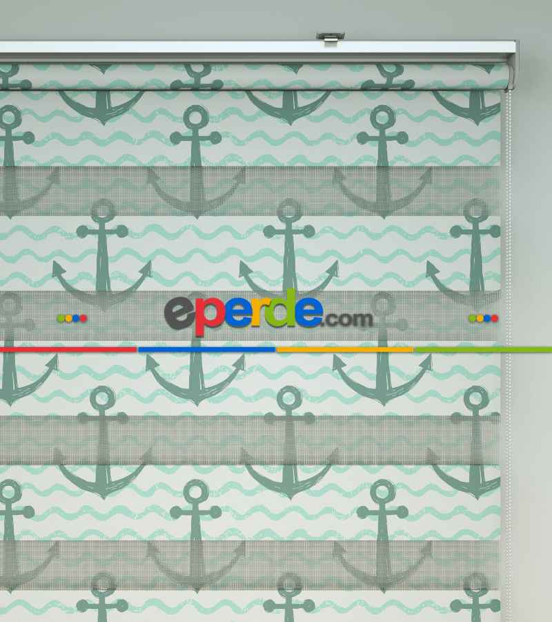 Çapa Baskılı Zebra Perde- Beyaz-su Yeşili