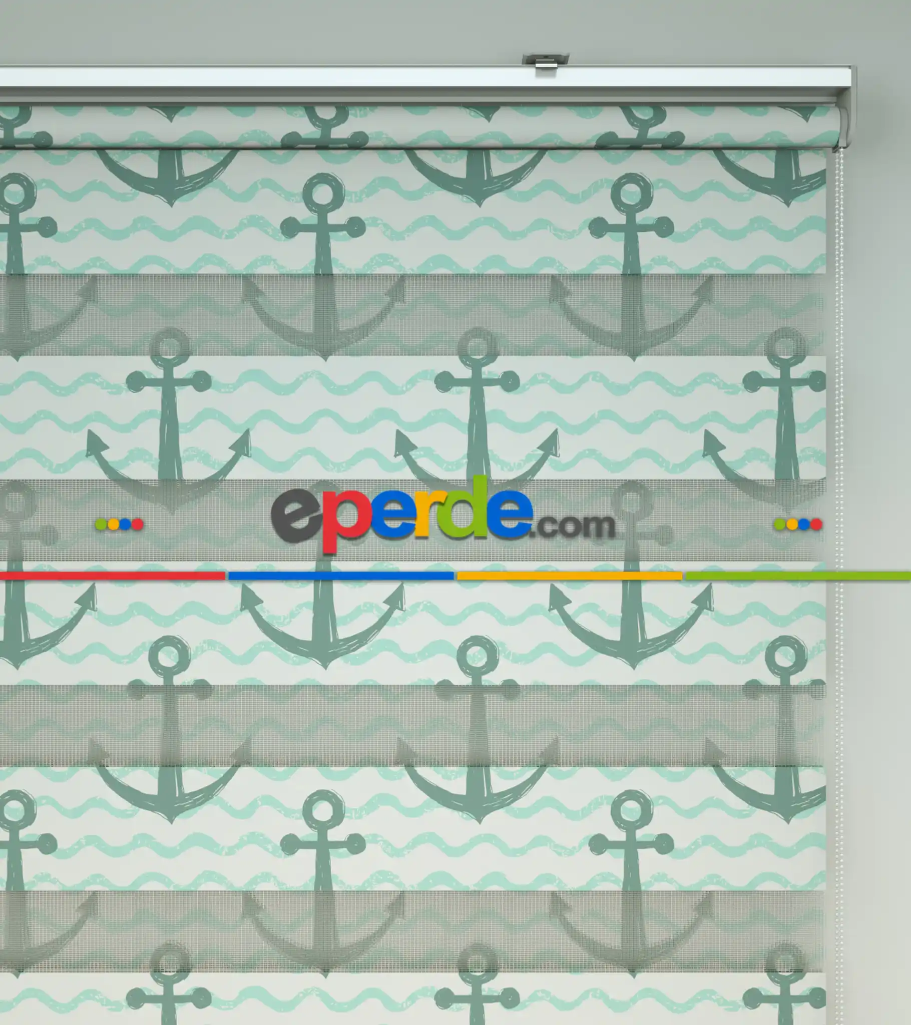 Bebek Odası Zebra Perde - Çapa Baskılı Zebra Perde- Beyaz-Su Yeşili