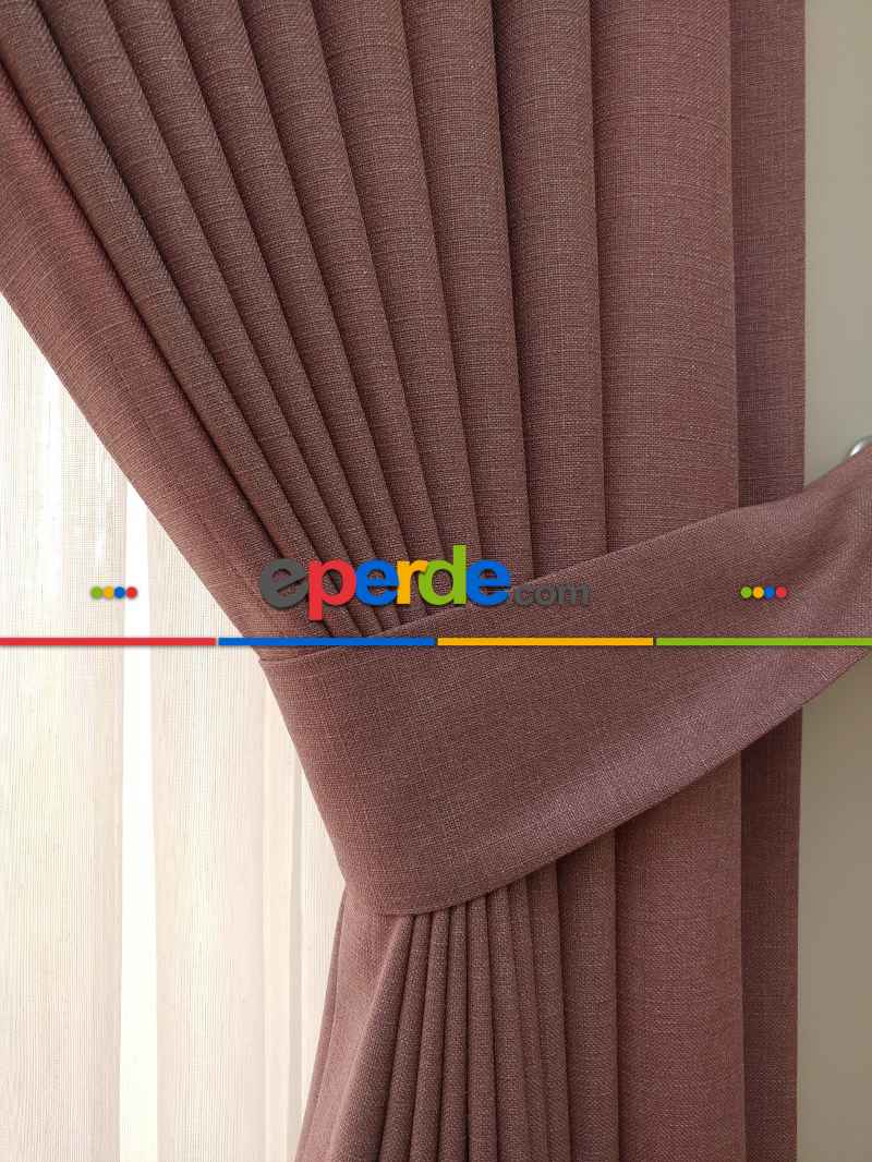 Keten Gül Kurusu Renk Düz Fon Perde- Pudra